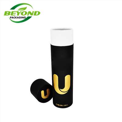 Wholesale biodegradable black paper luxury round gift cylinder box cosmetics packaging with custom gold stamping logo